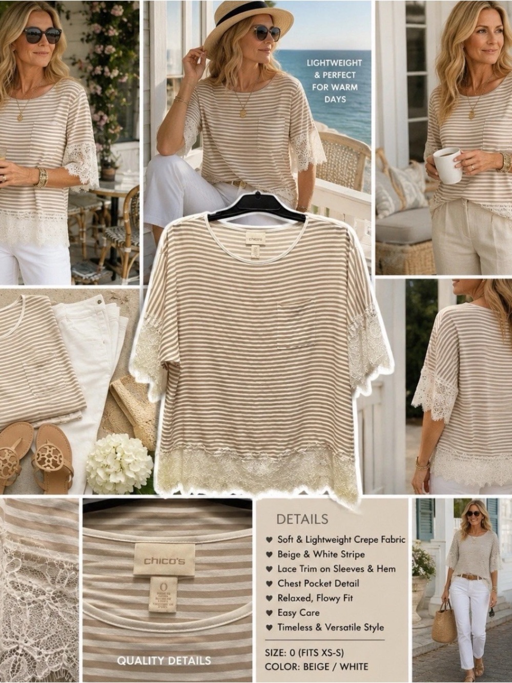 Chico’s Top 0 Small = US 4 Beige White Striped Lace Trim Short Sleeve Blouse